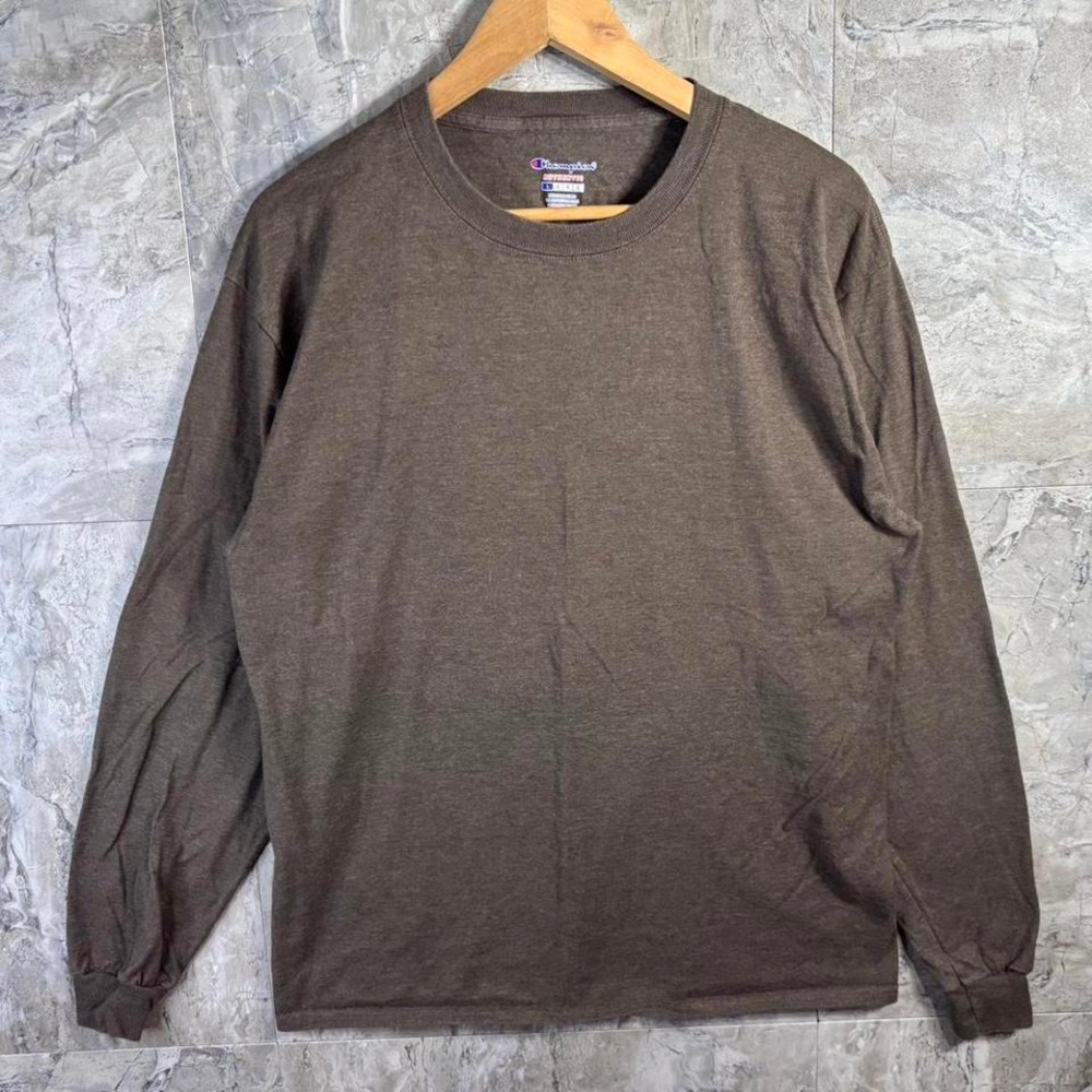 Champion Brown Mens Size Large Long Sleeve embroidered Gym Workout T-Shirt